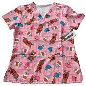 Scooby-Doo Scrub Top Pink Coffee Print Size M Nursing Uniform V-Neck Pockets